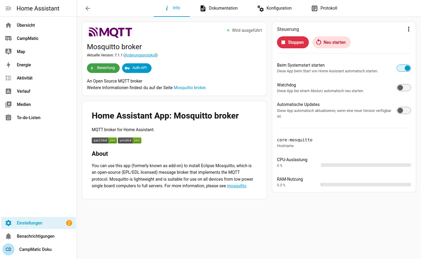 Die Infoseite von Mosquitto broker. Rechts die Steuerung mit Starten und Neu starten, darunter der Hostname core-mosquitto. Im Text steht die Umbenennung wörtlich: „this app, formerly known as add-on".