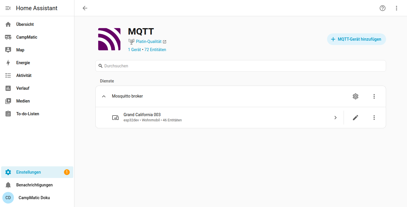 Die MQTT-Integration mit dem erkannten Gerät. Die Anzahl der Entitäten hängt davon ab, ob du die WLAN- oder die Mobilfunk-Version hast.