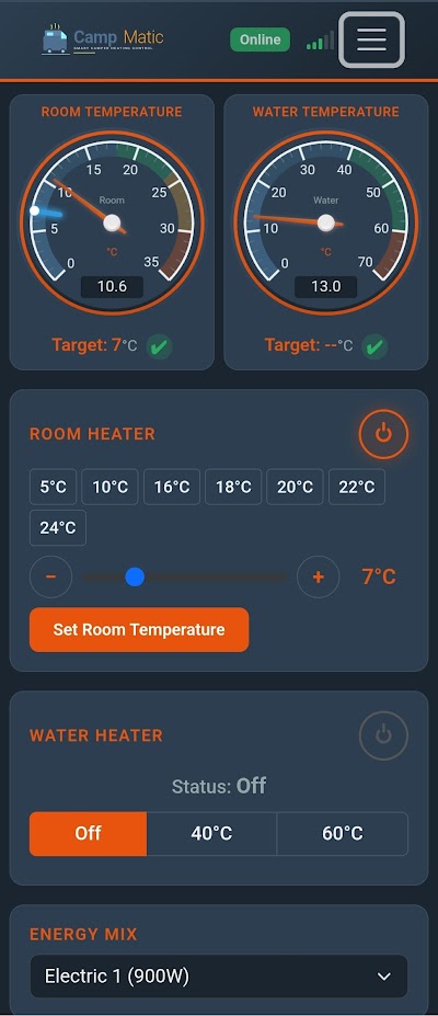 CampMatic app dashboard with temperature display and heating controls