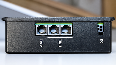 Connection side of the Truma iNet Box with TIN 1, TIN 2 and DC
