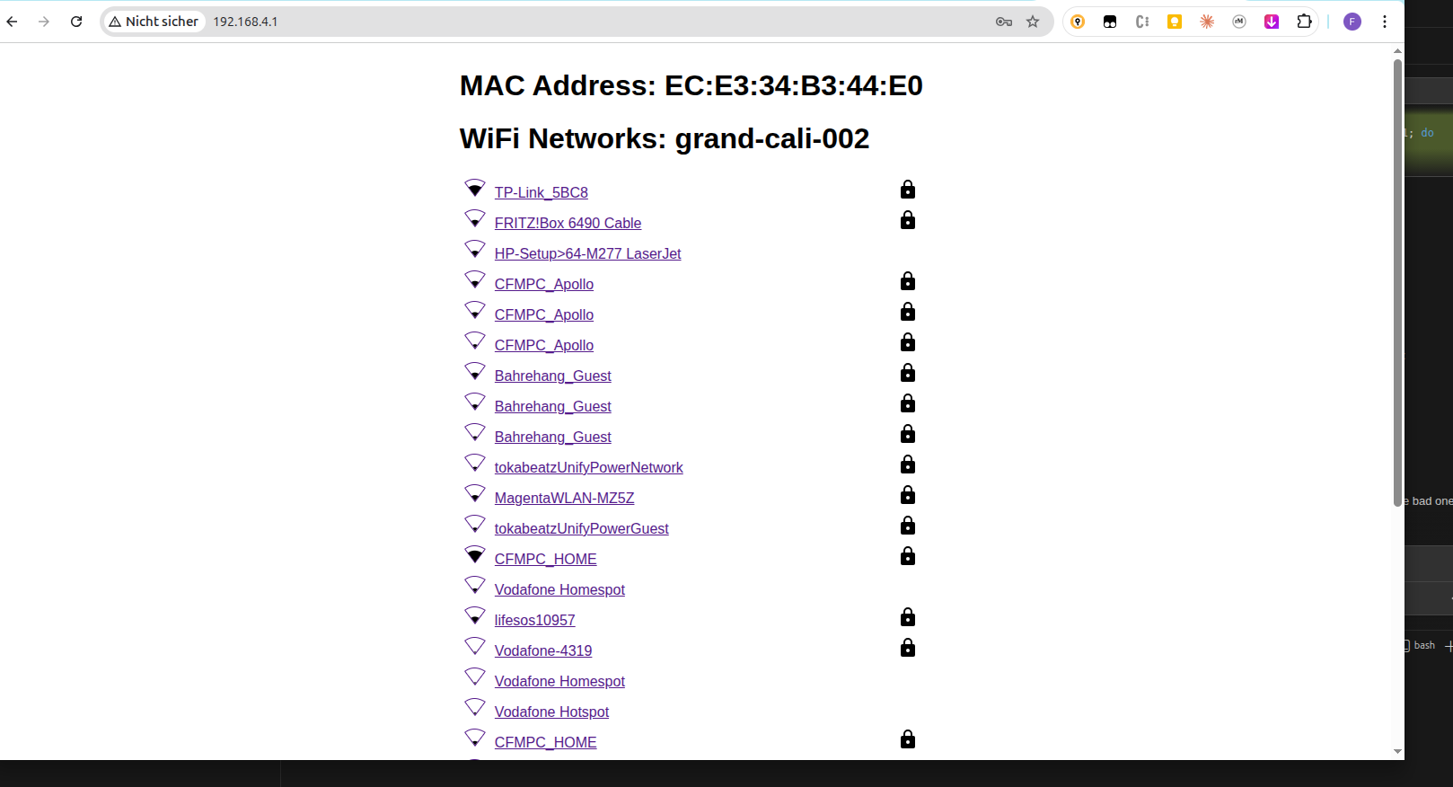 WiFi list on configuration page