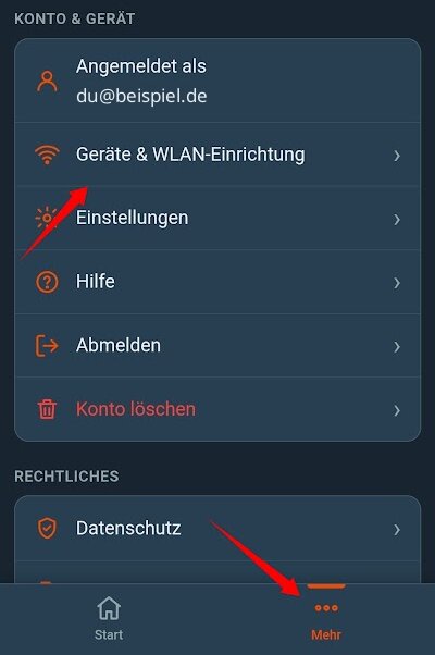 CampMatic-App: Mehr → Geräte & WLAN-Einrichtung