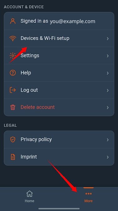 CampMatic app: More → Devices & Wi-Fi setup