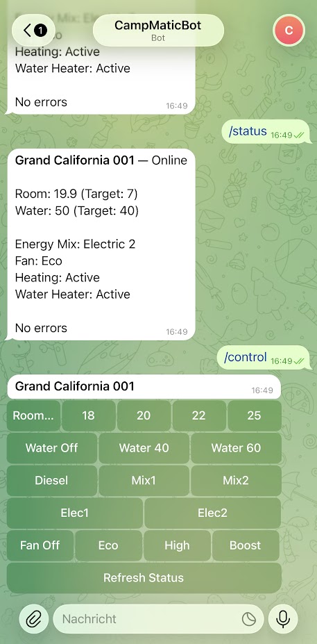 CampMatic Telegram Bot mit Steuerungs-Buttons und Statusmeldungen